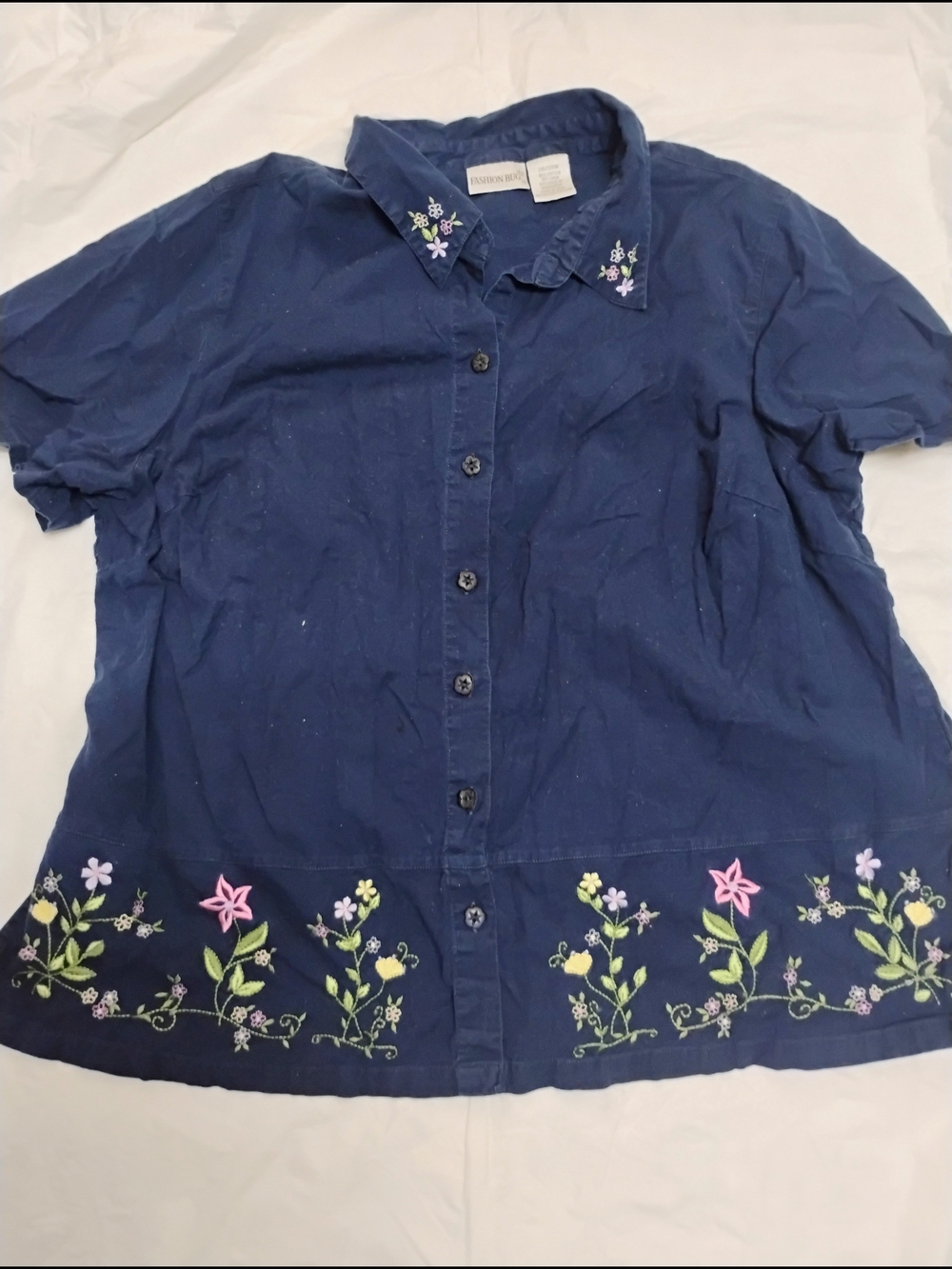 Fashion Bug Navy Blue Embroidered Floral Button-Up Blouse